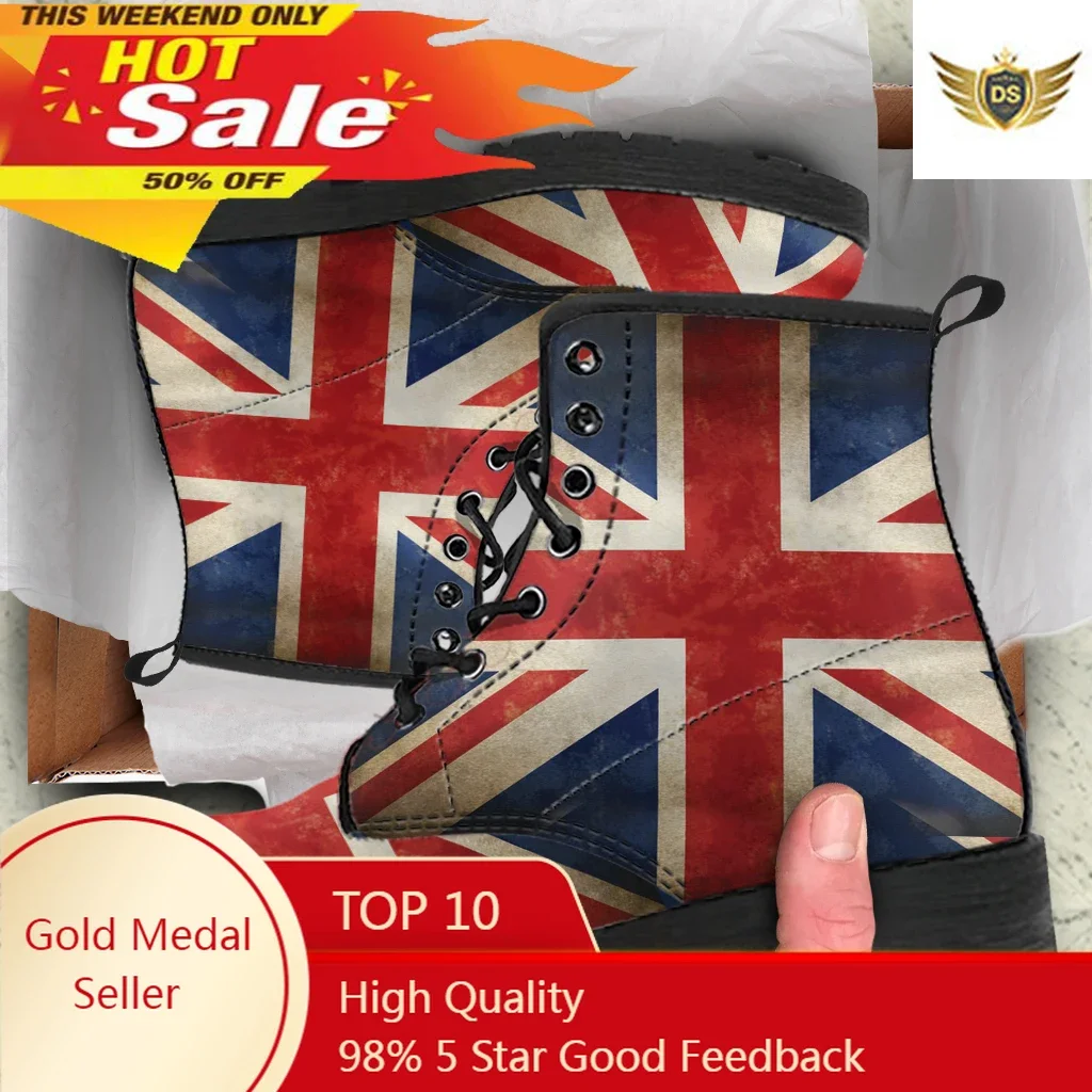 

England Flag Design Casual Lace Up Women's Boots Durable Ladies Lace-up Ankle Boots PU Leather Rubber Sole Booties For Female