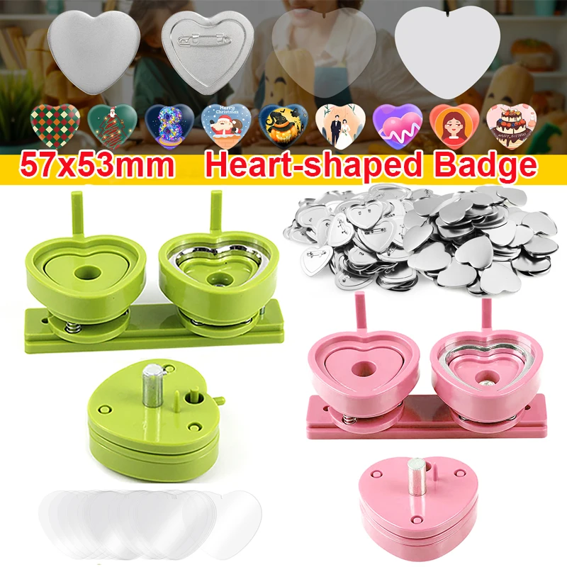 57x53mm Pink Green Button Badge Maker Machine Interchangeable Die Mould Heart Shape Badge Punching Die DIY Badges Birthday Gifts badge maker molds