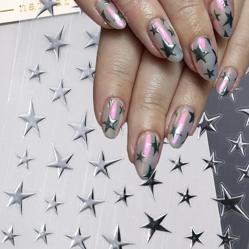 

Серебряные звезды, наклейки для дизайна ногтей, лазерное солнце, луна, лампы для ногтей, 3D Самоклеящиеся слайдеры, весенние декоративные аксессуары для дизайна ногтей