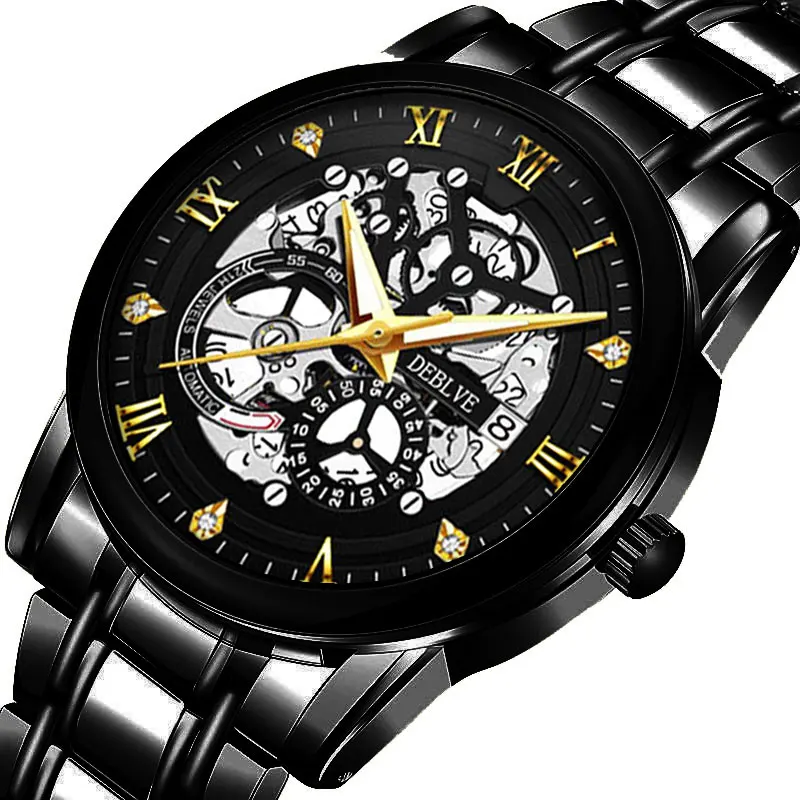 

Brand Gold Watch Men's Hollow Quartz Watch Stainless Steel Band 3Bar Waterproof Calendar Fashion Watches Relogio Masculino