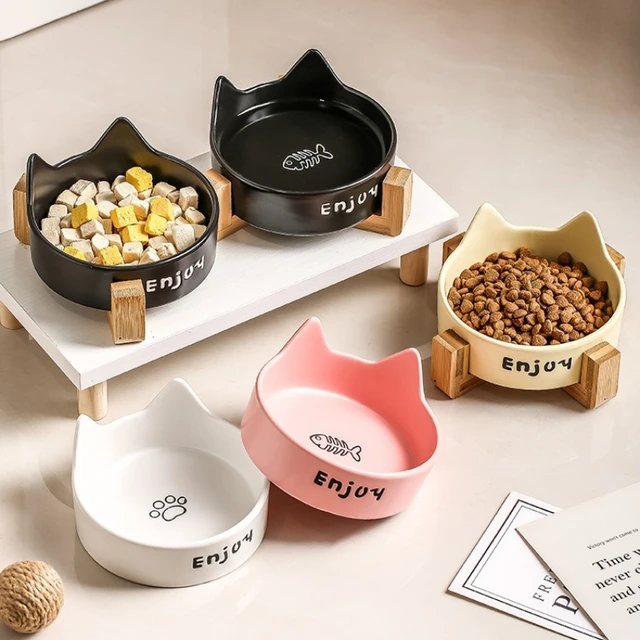Ceramic Double Bowl Pet Cat Bowl Anti-Slip Heightened Bamboo Table Feeding Bowl Pet Supplies Water Feeders Small Dogs Supplies