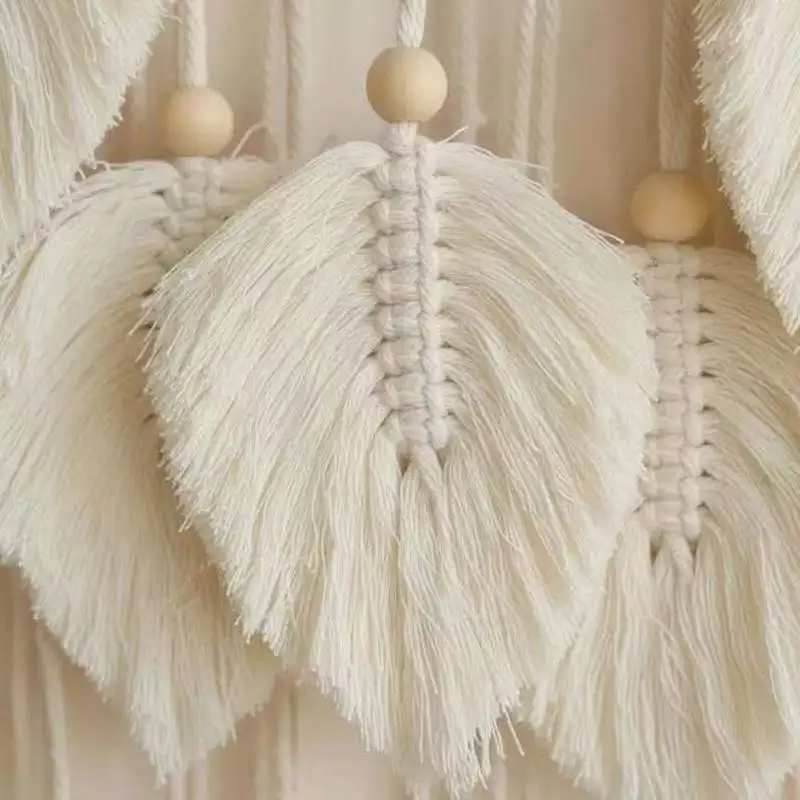 Handmade Boho Macrame Leaf Tassel Wall Art with Wooden Beads