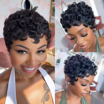 Parrucche Corte Riccioline Taglio Pixie in Capelli Umani con Frangia, Parrucche Riccioline in Capelli Umani Completamente Realizzate a Macchina per Donne, Colore Nero Naturale