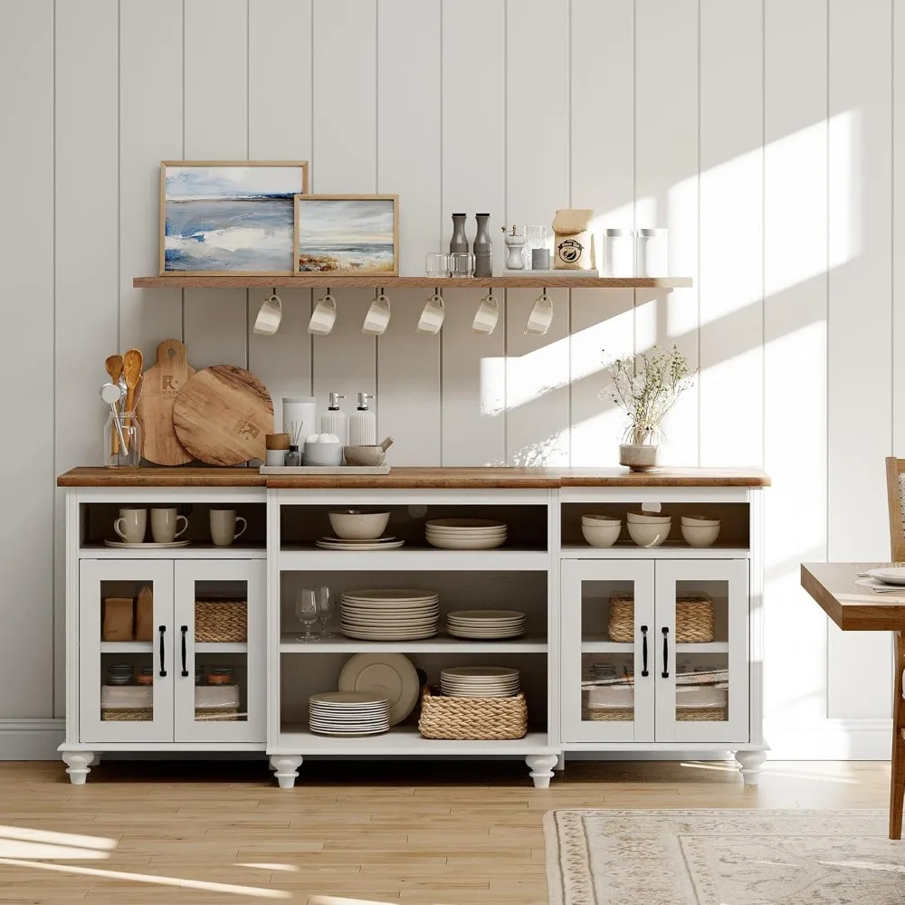 WAMAPT Buffet Cabinet with 4 Glass Doors, Large Coffee Bar Tables Wood Kitchen Storage Cabinets with 9 Storages, Modern Farmhous