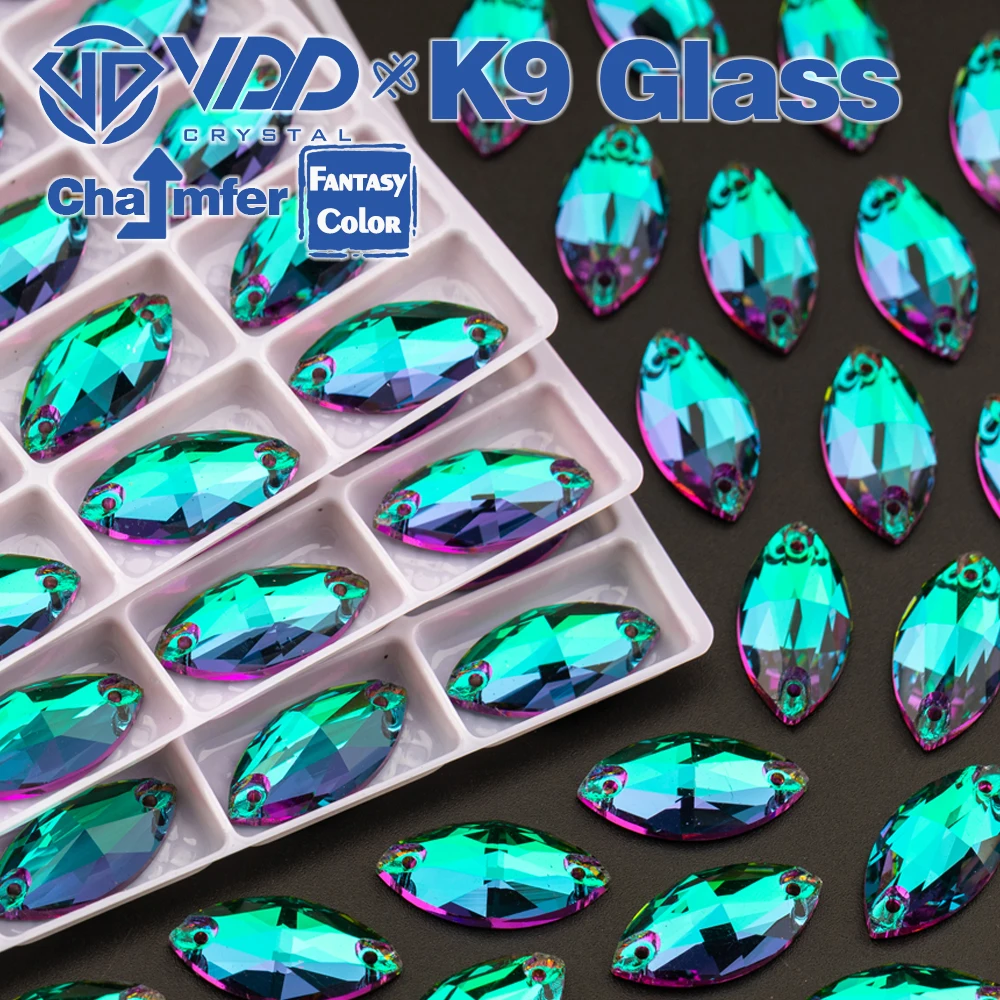 VDD Navette 헬리트로프 컬러 최고 품질 K9 유리, 의류 장 라인석 재봉 크리스탈 플랫백, 9x18mm, 36 개