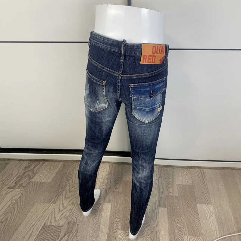 Street Fashion Men Jeans High Quality Retro Blue Elastic Slim Fit Vintage Ripped Jeans Men Pocket Designer Brand Pants Hombre