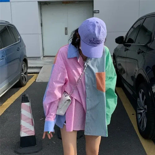 여성용 비대칭 패치워크 블라우스, 한국 패션 단추 업 셔츠, 캐주얼 의류, 긴 소매 Alt 대체 2024 4