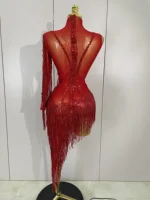 Sparkly Rhinestones Tassel Sexy See-Through Dress Women One Shoulder Latin Dance Outfits Bars Nightclub Party Stage Costume - Image 3