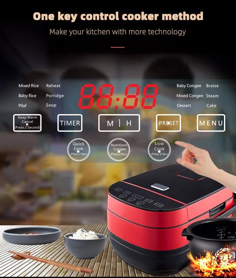 Luxurious 5L Red Digital Electric Cooker Square Slow Cooker with Multifunction & Cast 6