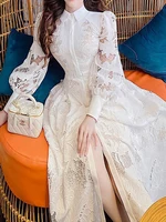 فستان نسائي مطرز ، مجوف ، نحيل ، دانتيل ، منقسم ، منتصف الساق ، طية صدر ، سحاب ، موضة جديدة ، صيف ، 13DB1438 1