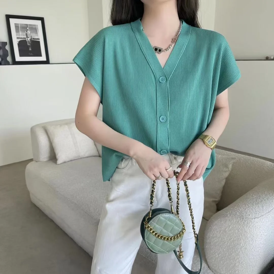 

New Knitted Short Sleeve Cardigan Women Summer Thin V-neck Casual Loose Korean Fashion Cardigans Tops Oversized Knitwear Y2k