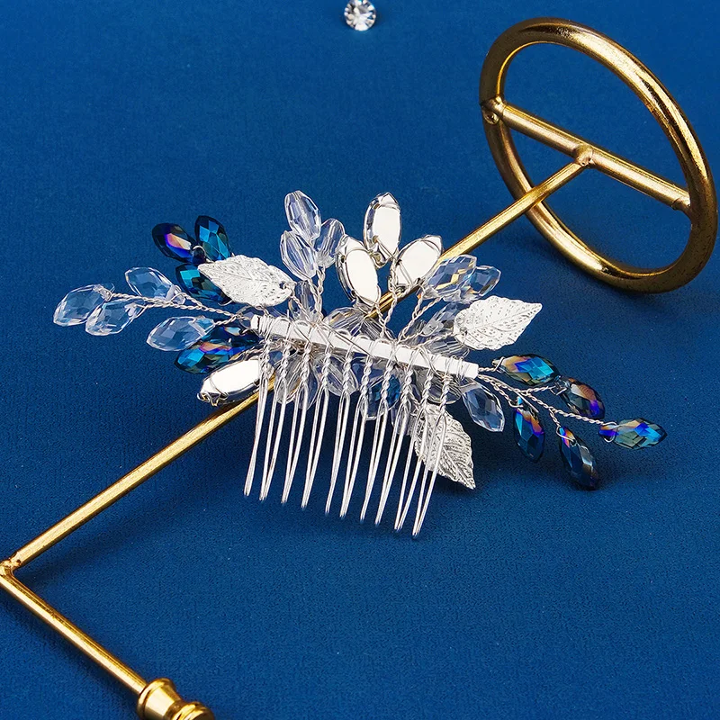 Dreamy Sapphie Blue Color Crystal Handmade Bridal Hair Comb Shiny Alloy Hairpin Clip Fashion Bride Wedding Hair Accessoreis