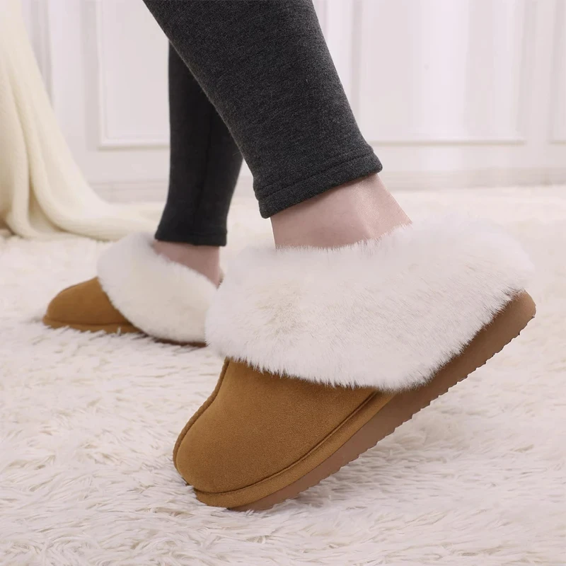 Crestar Women Fashion Fur Suede Slipper High Quality Fluffy Plush Faux Fur Soft Slippers Winter Indoor Home Cozy Cotton Slippers