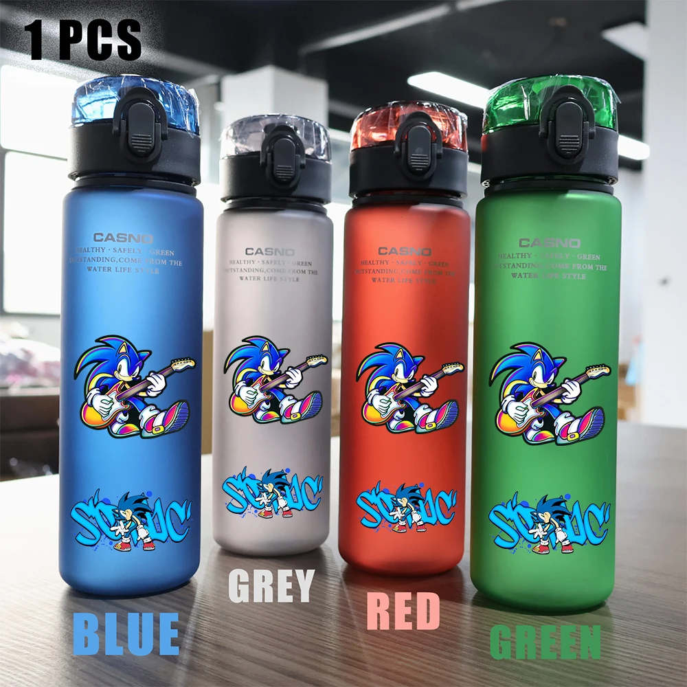thumbnail image 1 of Vaso de agua portátil para deportes de viaje, para acampar al aire libre, resistente a fugas, de plástico, de Sonic the Hedgehog, rojo, verde, azul y negro, 560 ml, 1 of 5