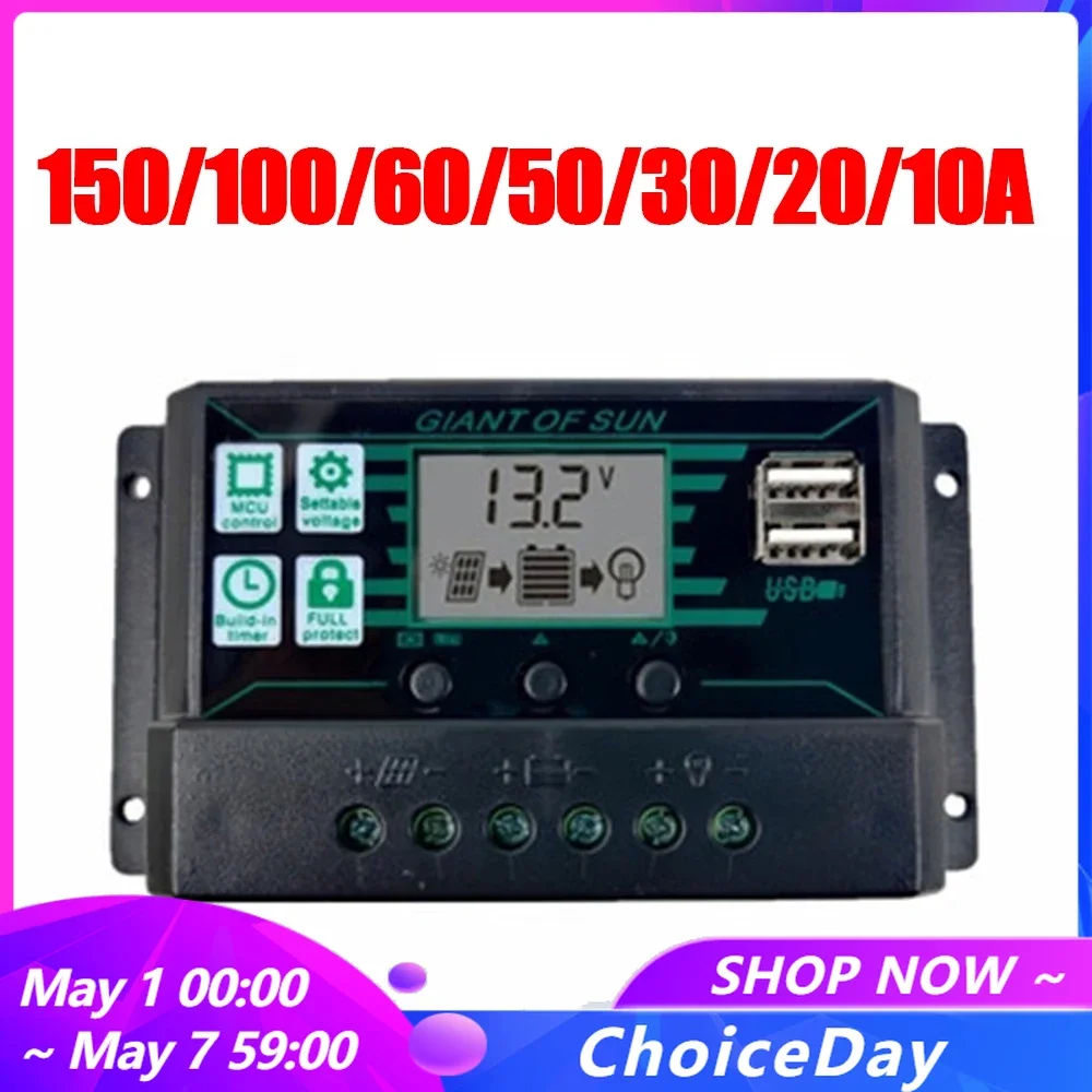 Mppt Pwm Controlador de Carga Solar 12v 24v Display Lcd Porta Usb Painel Solar Regulador de Bateria 150a 100a 60a 50a 30a 20a 10a