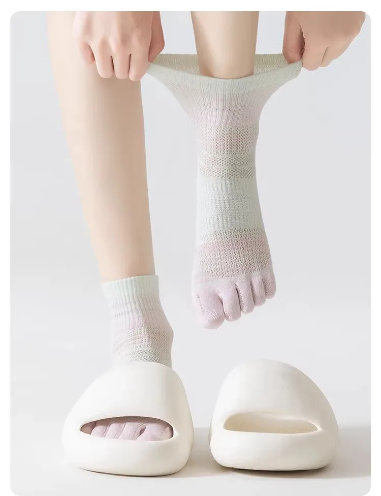 100% Baumwolle Fünf-Zehen-Socken für Damen - Atmungsaktive Gestreifte Crew-Socken, Bequeme Blasenfreie Zehensocken für den Täglichen Gebrauch – Detail 23