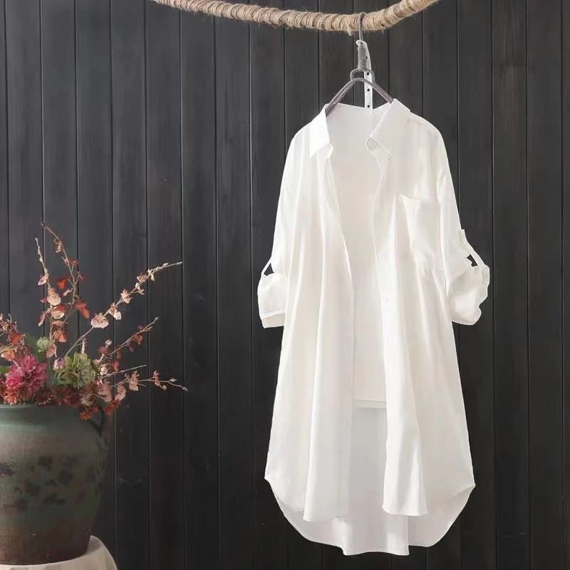 

White Cotton Linen Midi Shirt Women Korean Fashion 2023 Spring Summer Simple Loose Long Blouse Women Casual Sunscreen Shirt