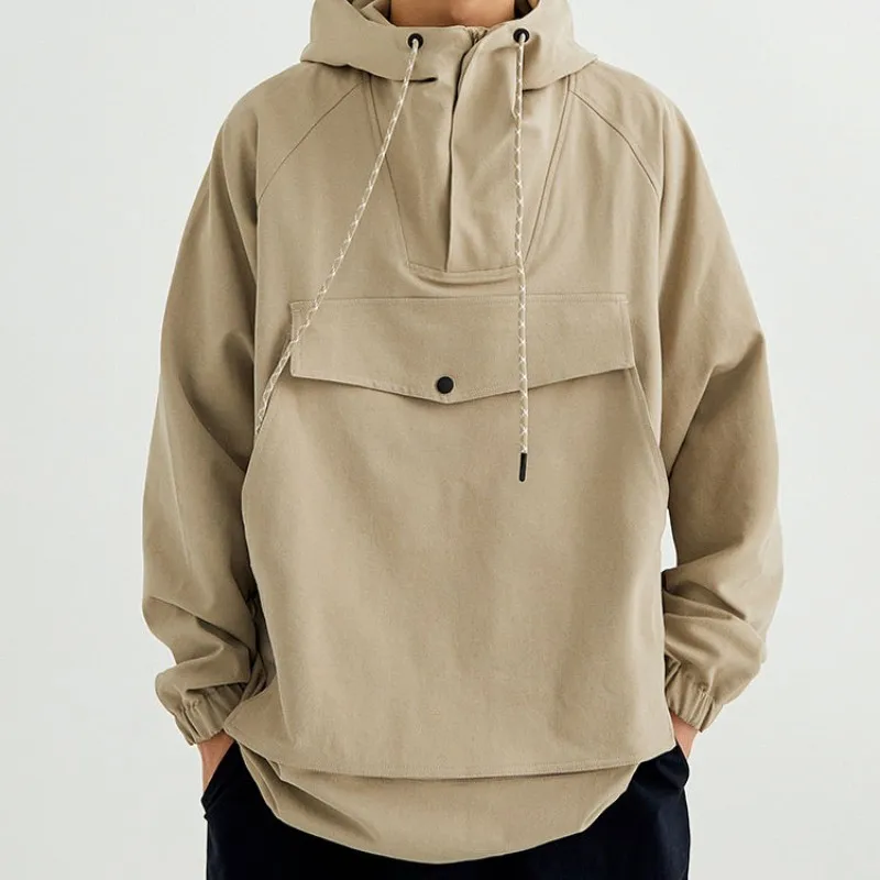

Spring Solid Versatile Casual Men's Loose Tess Sporty Cool Boys Soft Drawstring Breathable Pocket Punching Turtleneck Pullover