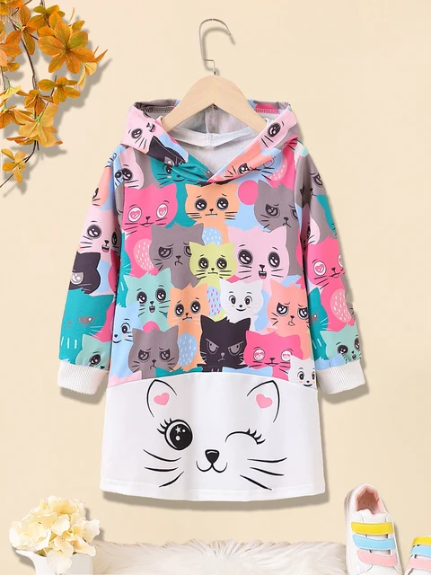 Cute Pink Kitty Graphic Girls' Long Sleeve Cartoon Hoodie Dress, Casual Lightweight Comfy Fit Kids Tops