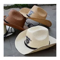 Summer Men Bull Badge Cowboy Straw Sunhat With Rope Jazz Hats Western With Wide Brim Caps Sun Protection Fedora Cap For Man 6