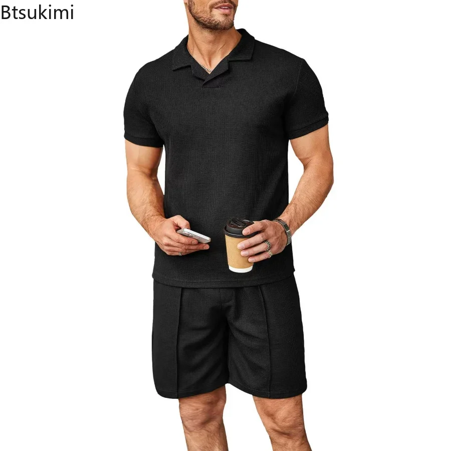 

2024 Men's Summer Casual Short Sleeve Shirts and Shorts Sets Waffle V-neck Polo Shirt Lapel Cool 2PCS Sets Male Solid Suit Sets