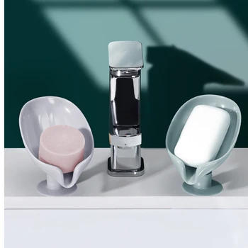 Leaf Shape Soap Dish Box Bathroom Soap Holder for Shower Freestanding Suction Cup Sink Sponge Drain Rack Tray Bathroom Gadgets tanie i dobre opinie CN (pochodzenie) Z tworzywa sztucznego