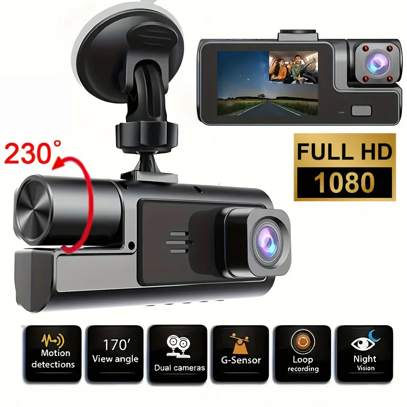 Nuokaiqi Dual-Lens Car Accessories Dash Cam Fhd1080P Front and 720P Internal Wide-Angle Recording Car Dvr Camera with Infrared Night Vision, Optional Card Package