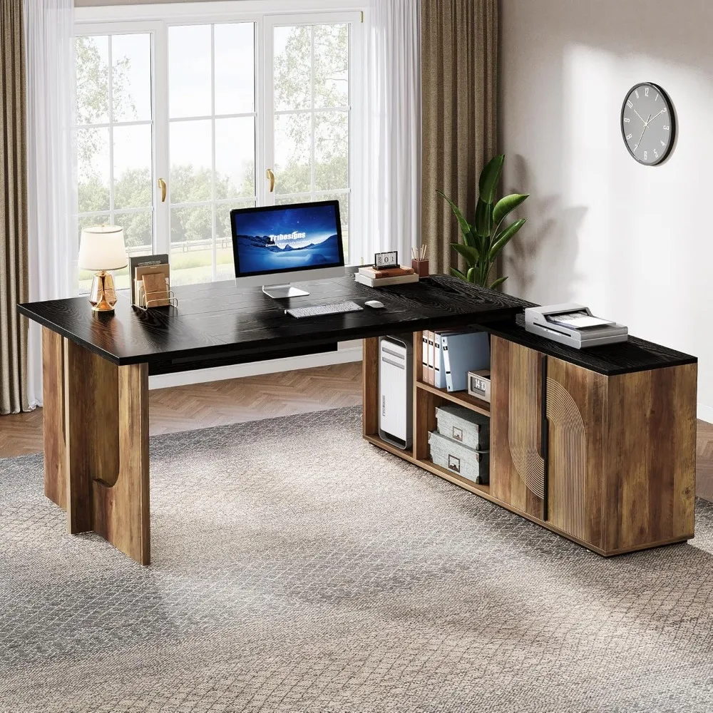 74.8 Executive Large Office with Cabinet, L Shaped Computer with Shelves and CPU Storage, Modern Home Office Desk 6