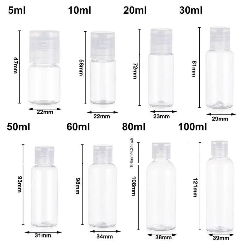 10Pcs Empty 5ml-100ML Clear Plastic PET Bottles Travel Sample Container with Flip Caps For Liquids Shampoo Lotion Conditioner
