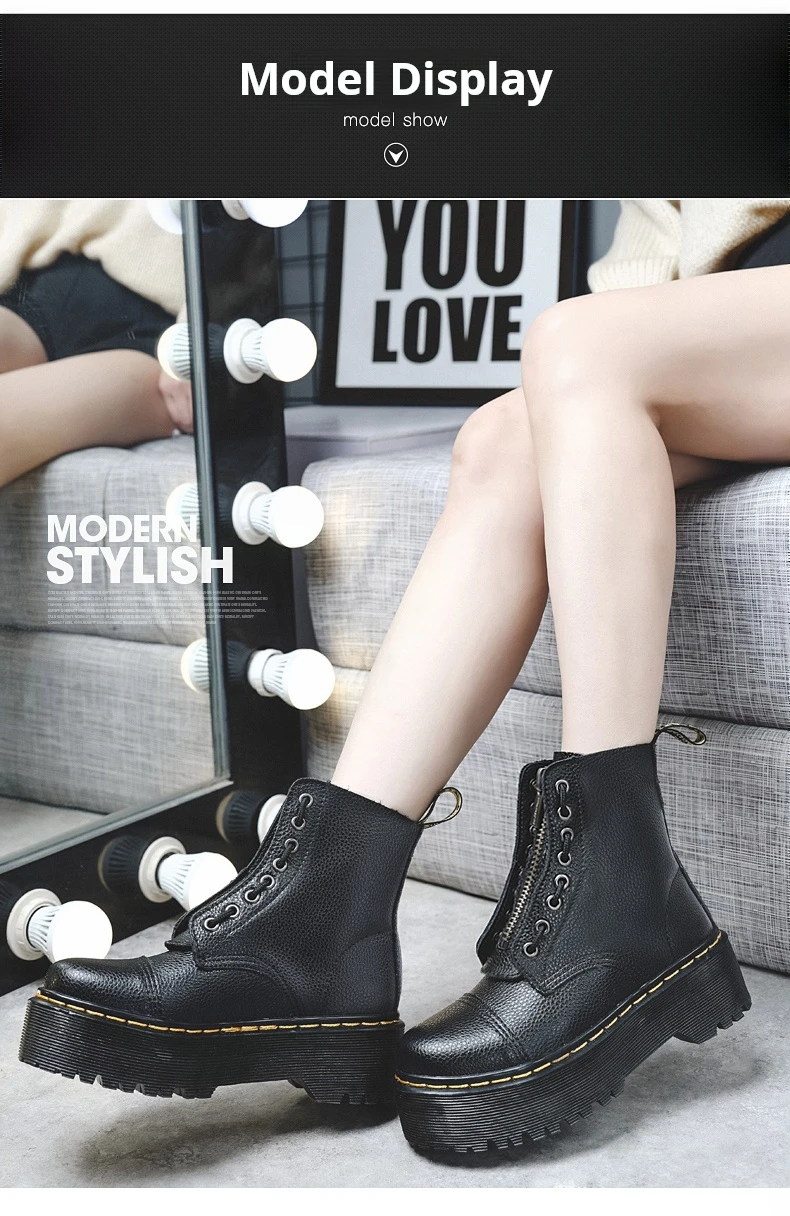 Women Leather Boots - Retro Platform Motorcycle Ankle Boots With Front Zipper
