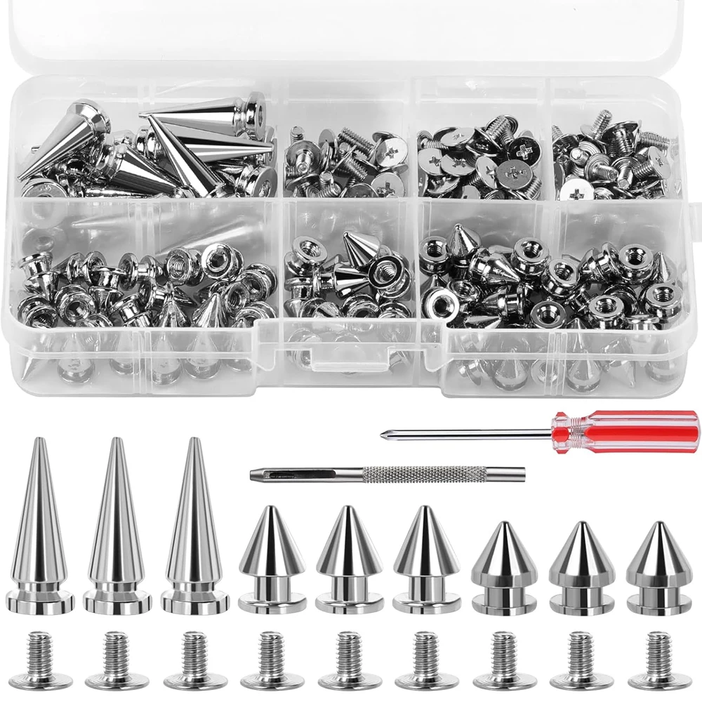180Pcs Multiple Sizes Silver Cone Spikes Screwback Studs Rivets for Punk Style Clothing Accessories DIY Craft Decoration