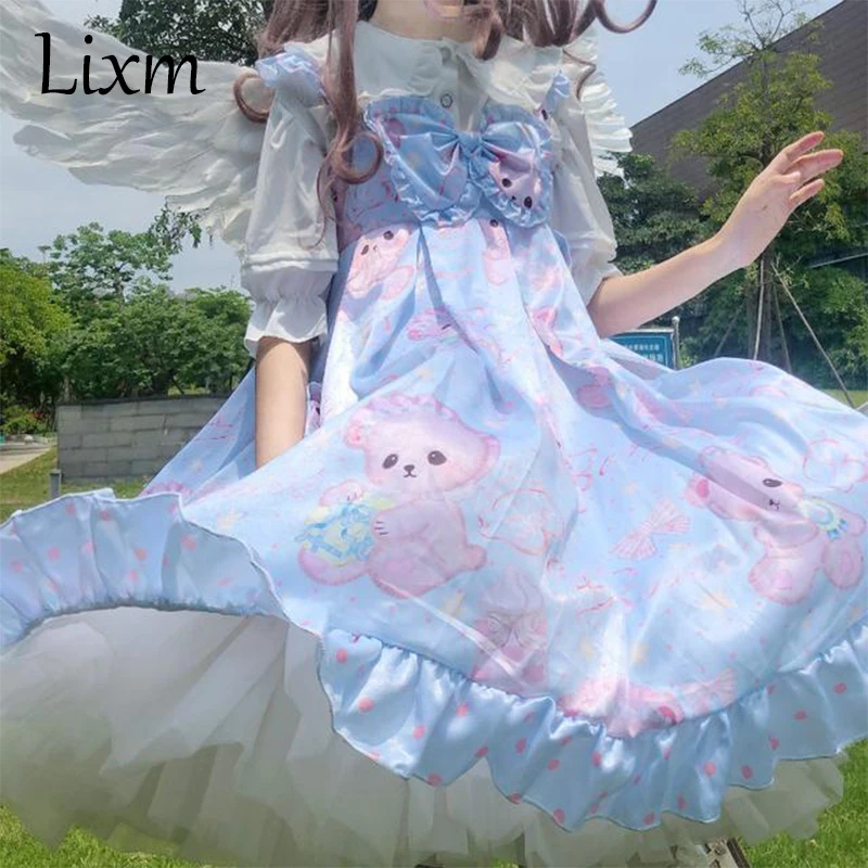 Summer Bear Japanese Soft Girl Kawaii Design Lolita Tea Party Dress Jsk Sleeveless Dress Female Cosplay