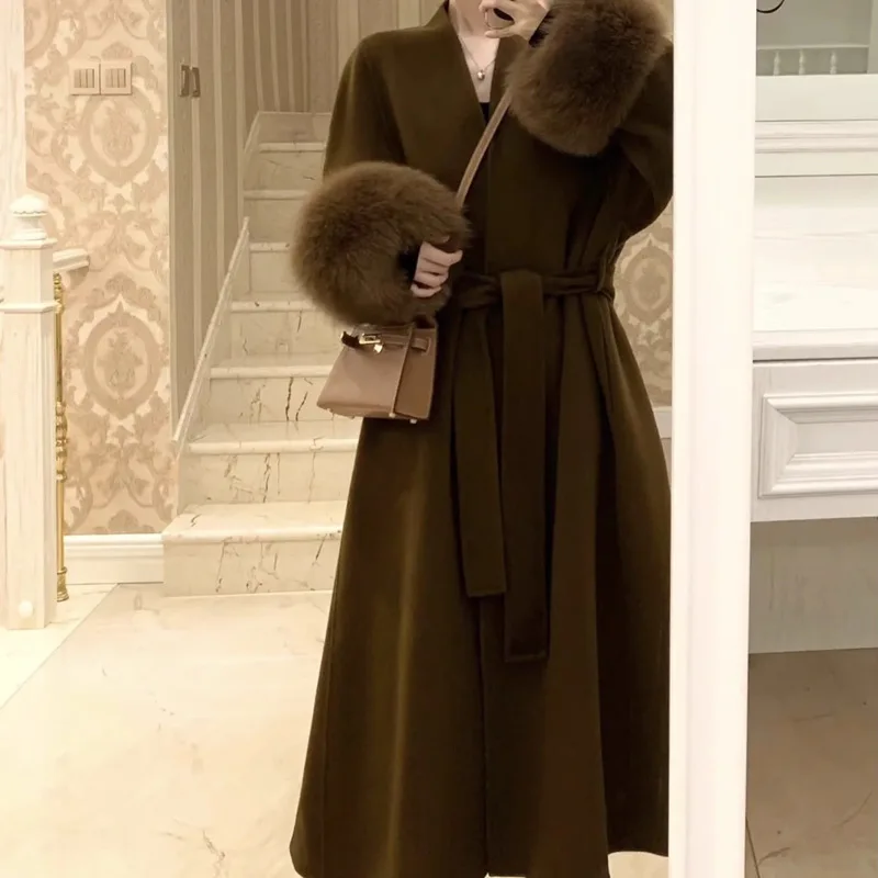 

2024 Haining Fur Autumn and Winter New Double sided Wool Coat Women's Mid length Temperament Fox Hair Waist Wrap Coat