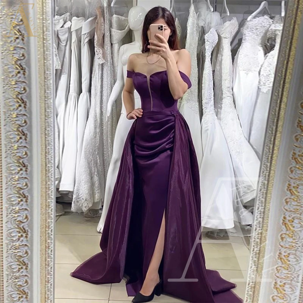 

Grape Satin Guest Wedding Party Dress Off the Shoulder Side Split Long Party Dresses Woman for Weddings Bridesmaid Robes Robe