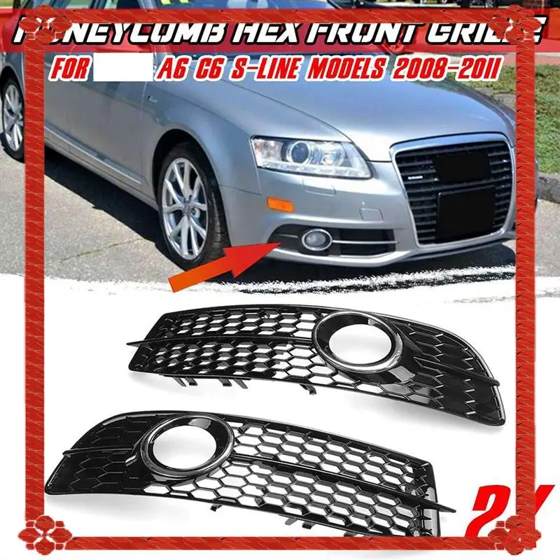 Car Front Bumper Fog Light Lamp Grille Cover Parts Accessories For A6 C6 S-Line 2008-2011 Black 4F0807681Q01C 4F0807681Q02C