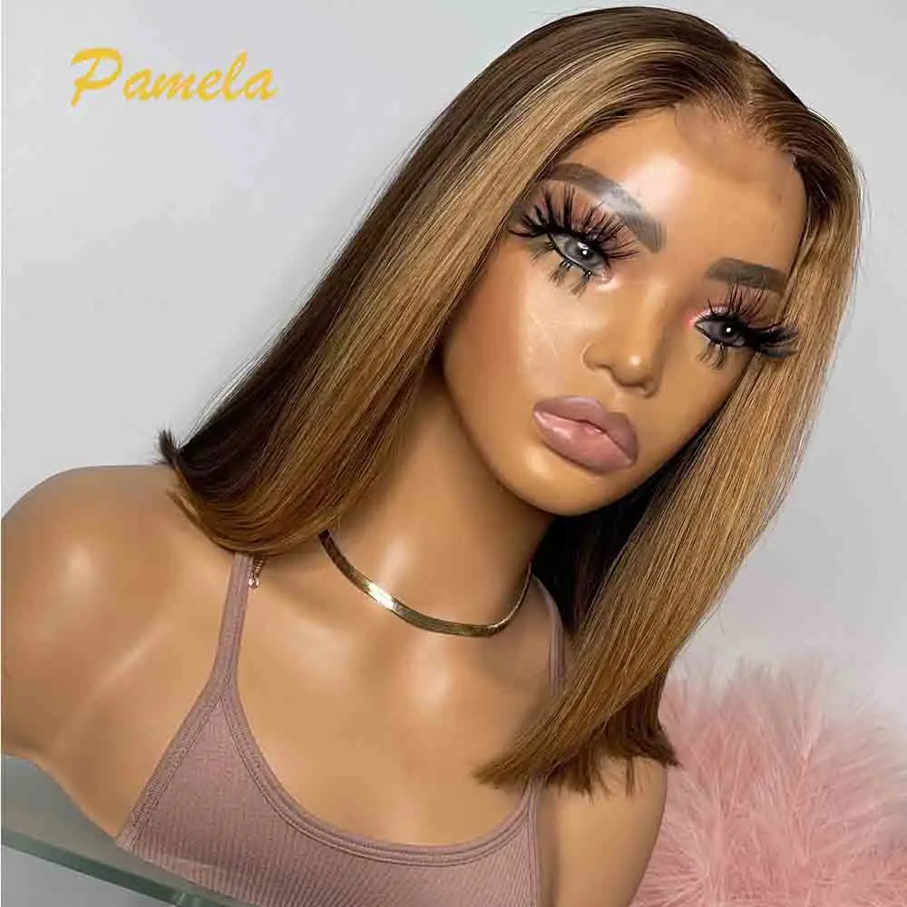 Highlight 13x4 Short Straight Bob Brown Blonde Ombre 1b 27 Colored Transparent Lace Frontal Human Hair Glueless Wigs Ready To Go
