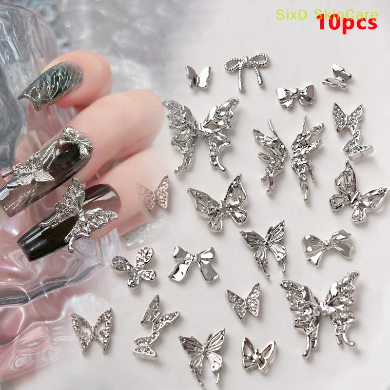 

10PCS Luxury 3D Silver Alloy Bow Tie Knot Ribbon Butterfly Wings Metal Nail Art Rhinestones Decorations Manicure Charms