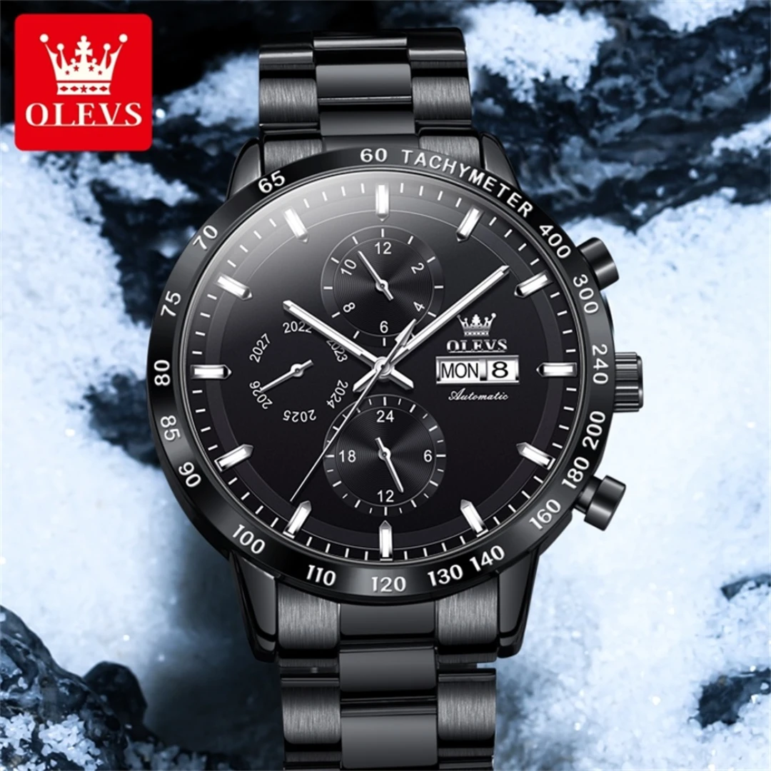 OLEVS 6683 Mechanical Sport Watch Gift Stainless Steel Watchband Round-dial Wristwatch Week Display Calendar Small second
