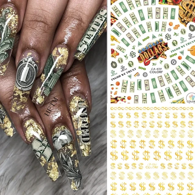 4 Sheets Nail Art Decals of 100 Dollar Sign Bill Nail Accessories Paper Money Design Treasure Currency Nail Stickers Tip