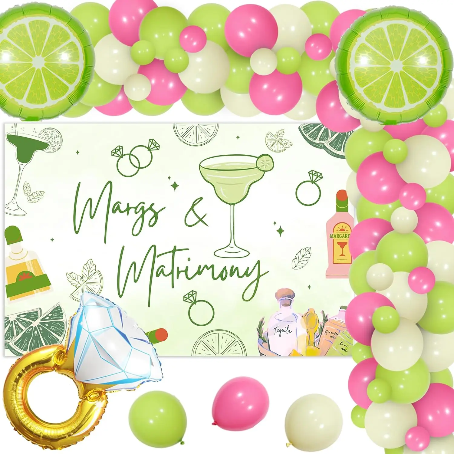 

Margs& Matrimony Bachelorette Decor Margarita Backdrop Banner Lemon Ring Balloon for Mexican Fiesta Carnival Cinco De Mayo Party