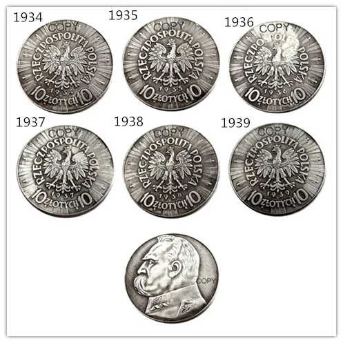 

Набор (1934-1939), 6 шт., Польша, 10 золотых посеребренных копировальных монет