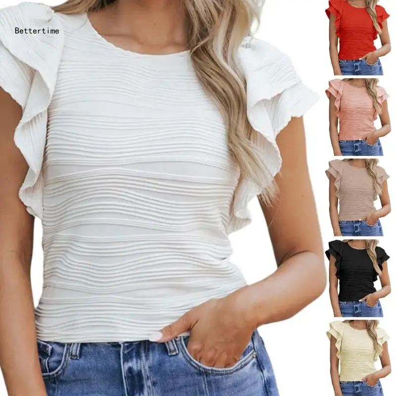 

B36D Womens Double Ruffle Short Sleeve Casual Crewneck T-Shirt Plain Solid Color Textured Fitted Blouses Pullover Top