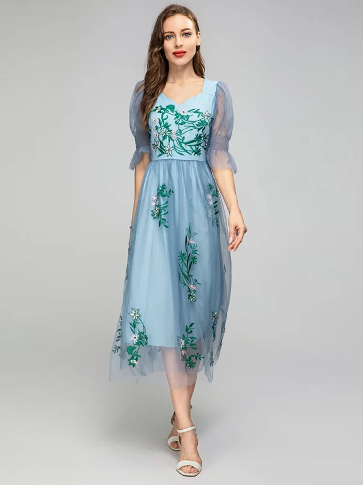 Women Runway Designer Luxury Embroidery Mesh Dress Suit Set High Quality Lace Party Robe Long Vintage Cocktail Vestidos