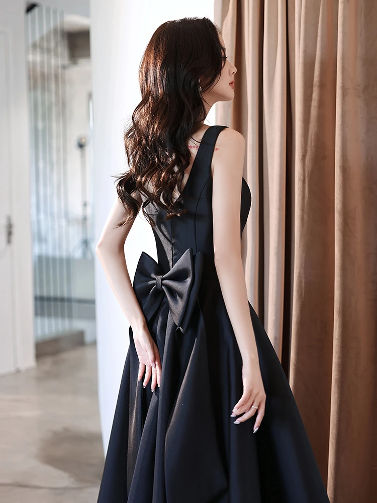 Elegant Black Satin Evening Dress Sleeveless Backless Bow Long Pageant Gowns  Women Simple Formal Party Dresses - AliExpress