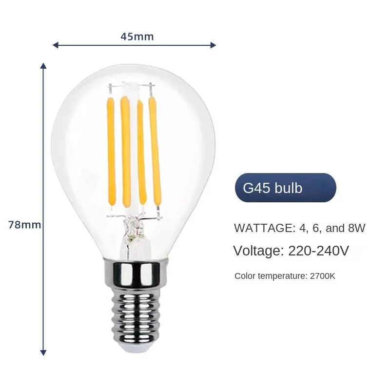 10PCS LED Filament Bulb E14 G45 3000K Warm White AC220V Dimmable Glass  Shell 360 Degree Edison Retro Candle Light Blubs