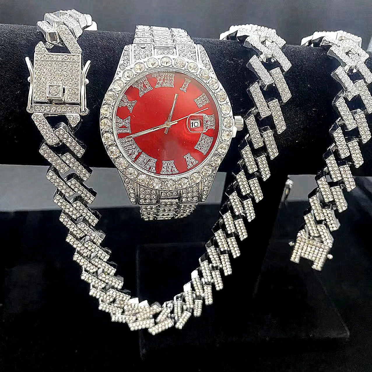 3PCS Iced Out Watches for Men Gold Watch Set 15mm Cuban Chain Bracelet Necklace Diamond Jewelry Set Watch Men Relogio De Pulso