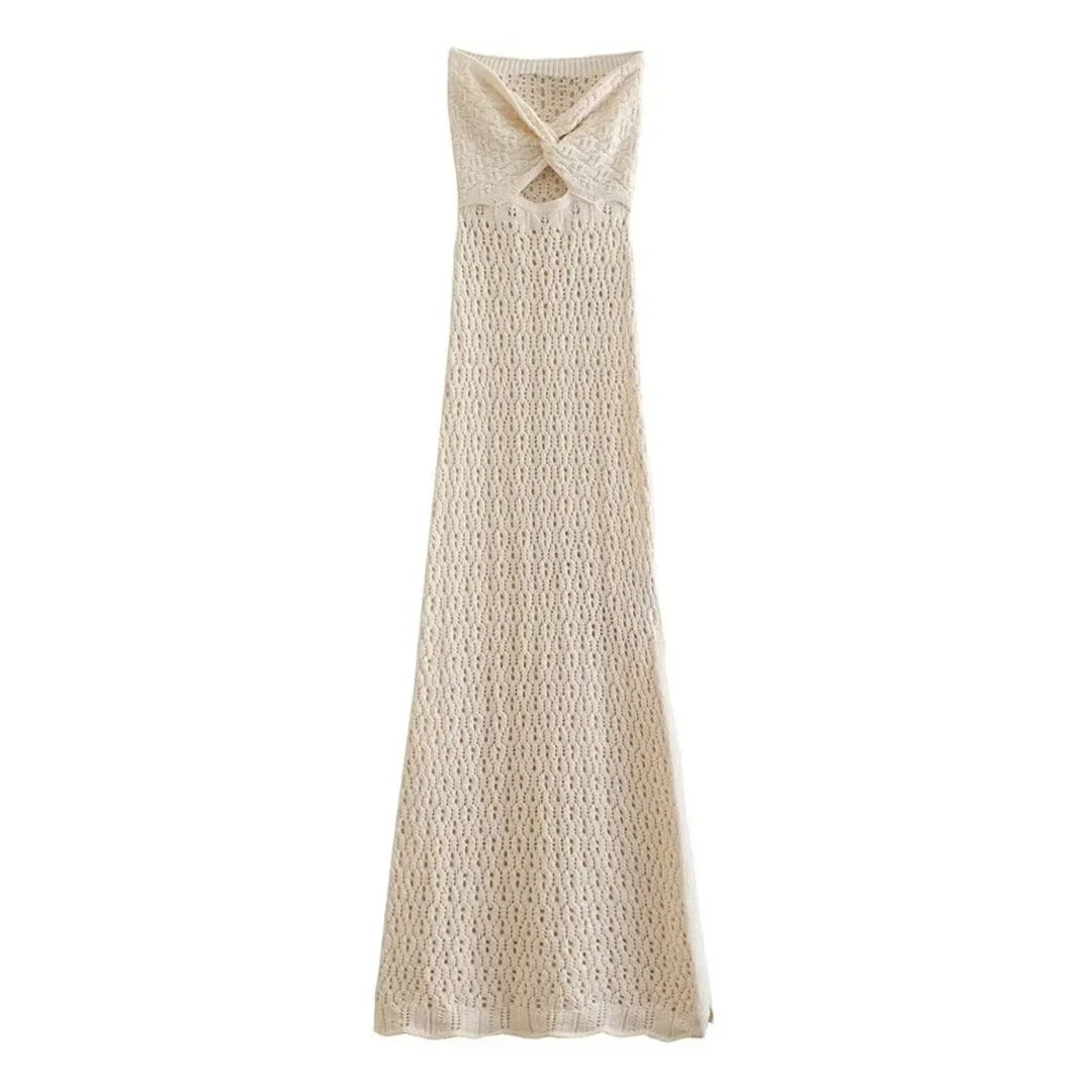 2024 Sexy Bandeau Hollow Out Crochet Knitted Tunic Beach Cover Up Cover-ups Beach Dress Beach Wear Beachwear Female Women V5321