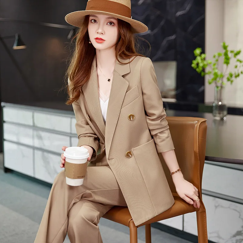 

New style fashion slim long-sleeved suit double breasted mid-length black suit pants suit women OL professional two-piece set