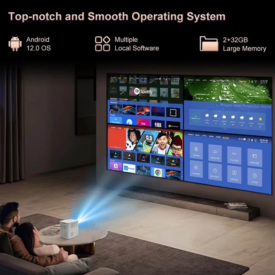 플릭스톤 E800 안드로이드 프로젝터 1080P 3000ANSI 루멘 LCD 프로젝션 기술 2+32GB 스마트 홈 시네마