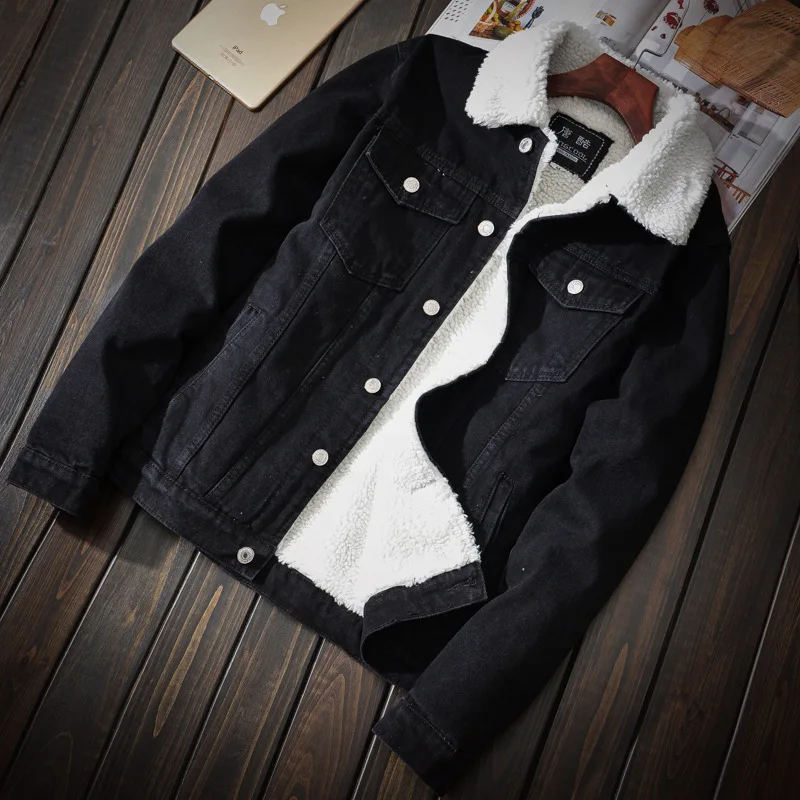 

Men Black Denim Jackets Fleece Jean Jackets Winter Warm Denim Coats New Male Large Size Casual Winter Jackets Size XS-6XL